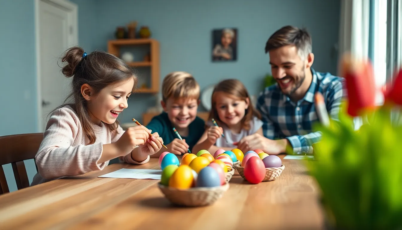 Family Painting Easter Eggs Together