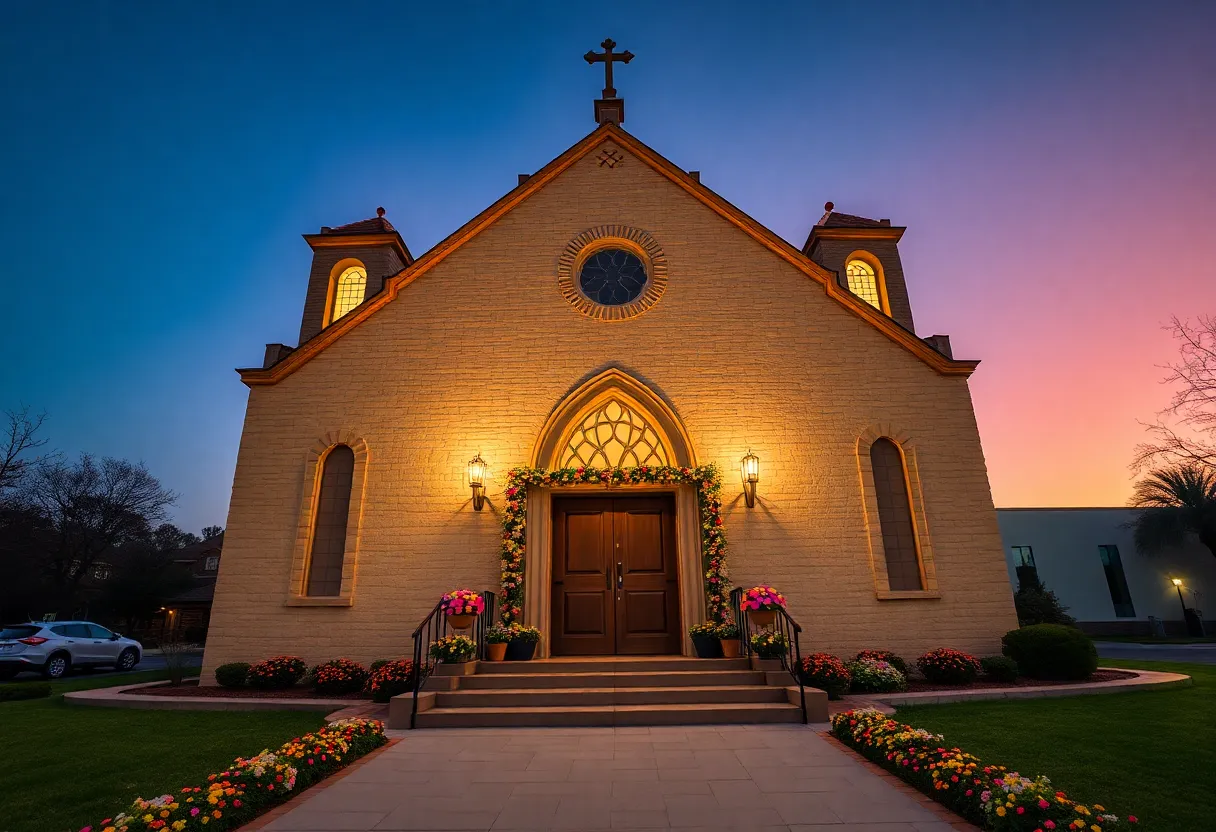 Easter Decorated Church at Dusk