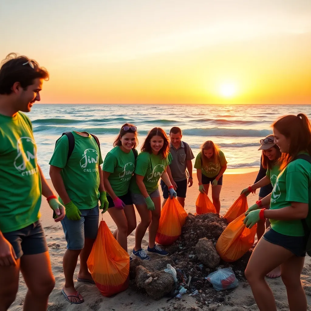 Beach Clean-Up with Diverse Travelers at Sunset