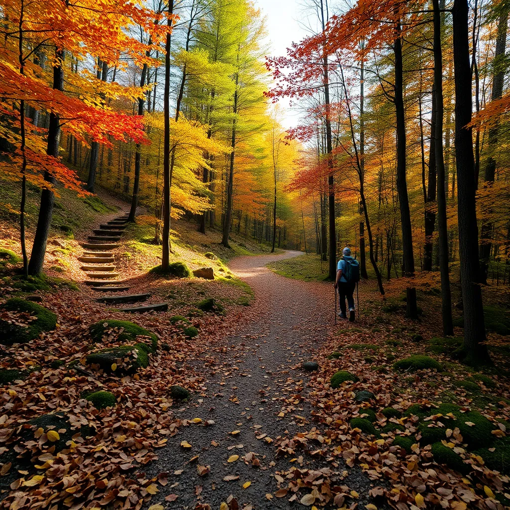 Hiker on Autumn Trail in Eco-Friendly Gear