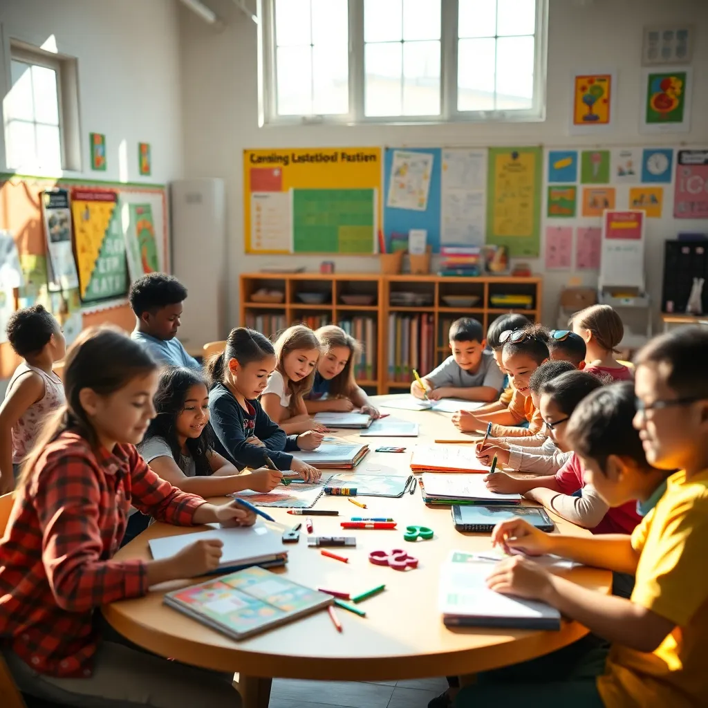 A dynamic classroom environment where diverse students collaborate on projects, highlighting the essence of education and teamwork.