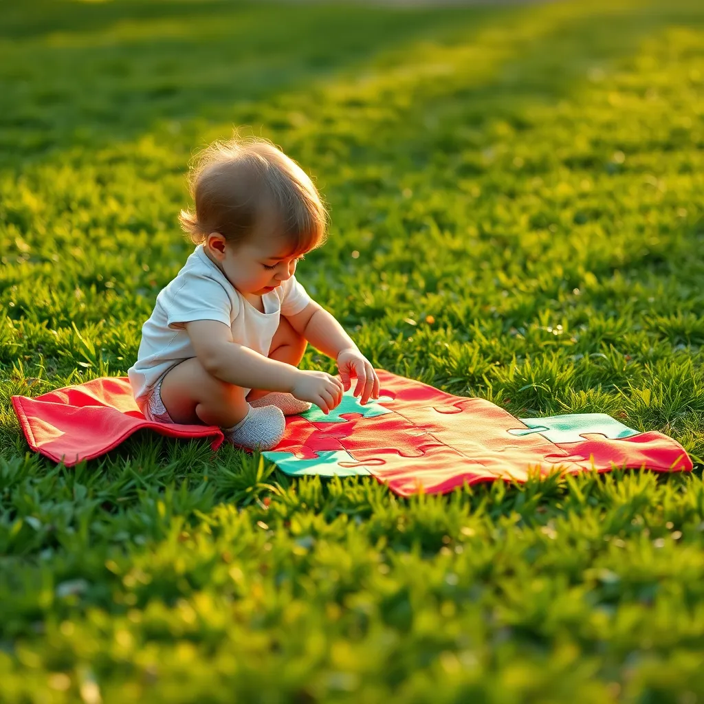 Toddler Playing with Fabric Puzzle Outdoors