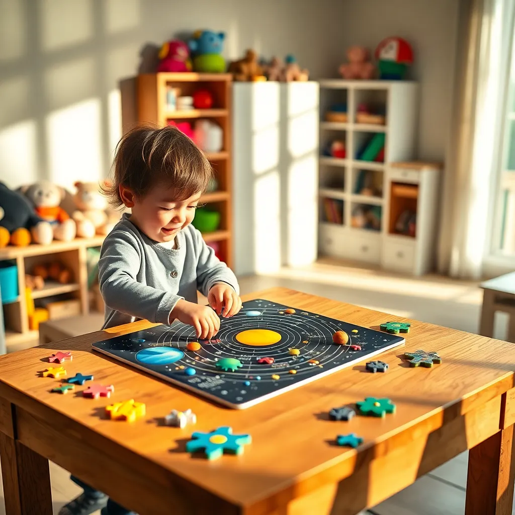 Child Assembling Educational Puzzle in Playroom