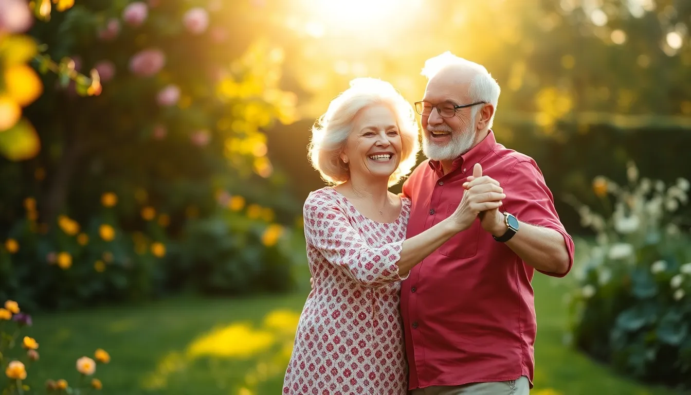 Elderly Couple Dancing in Garden