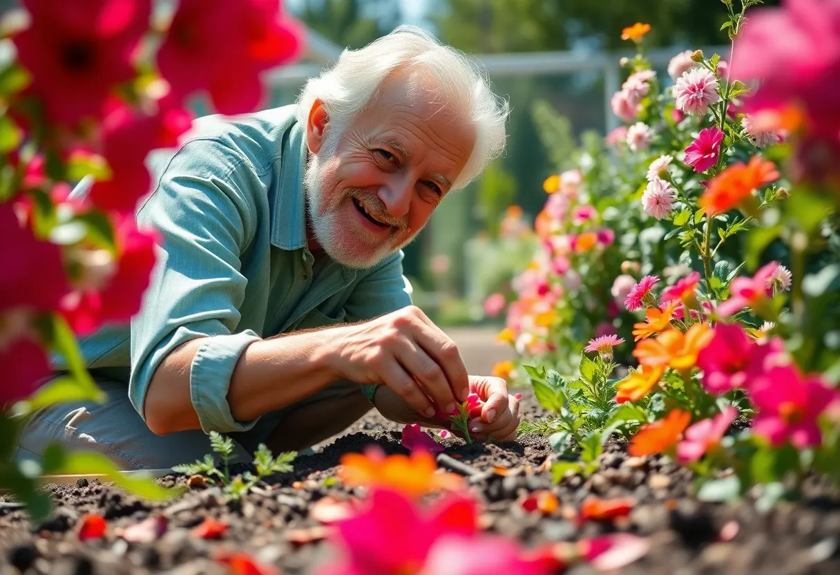Elderly Man Gardening on a Sunny Day