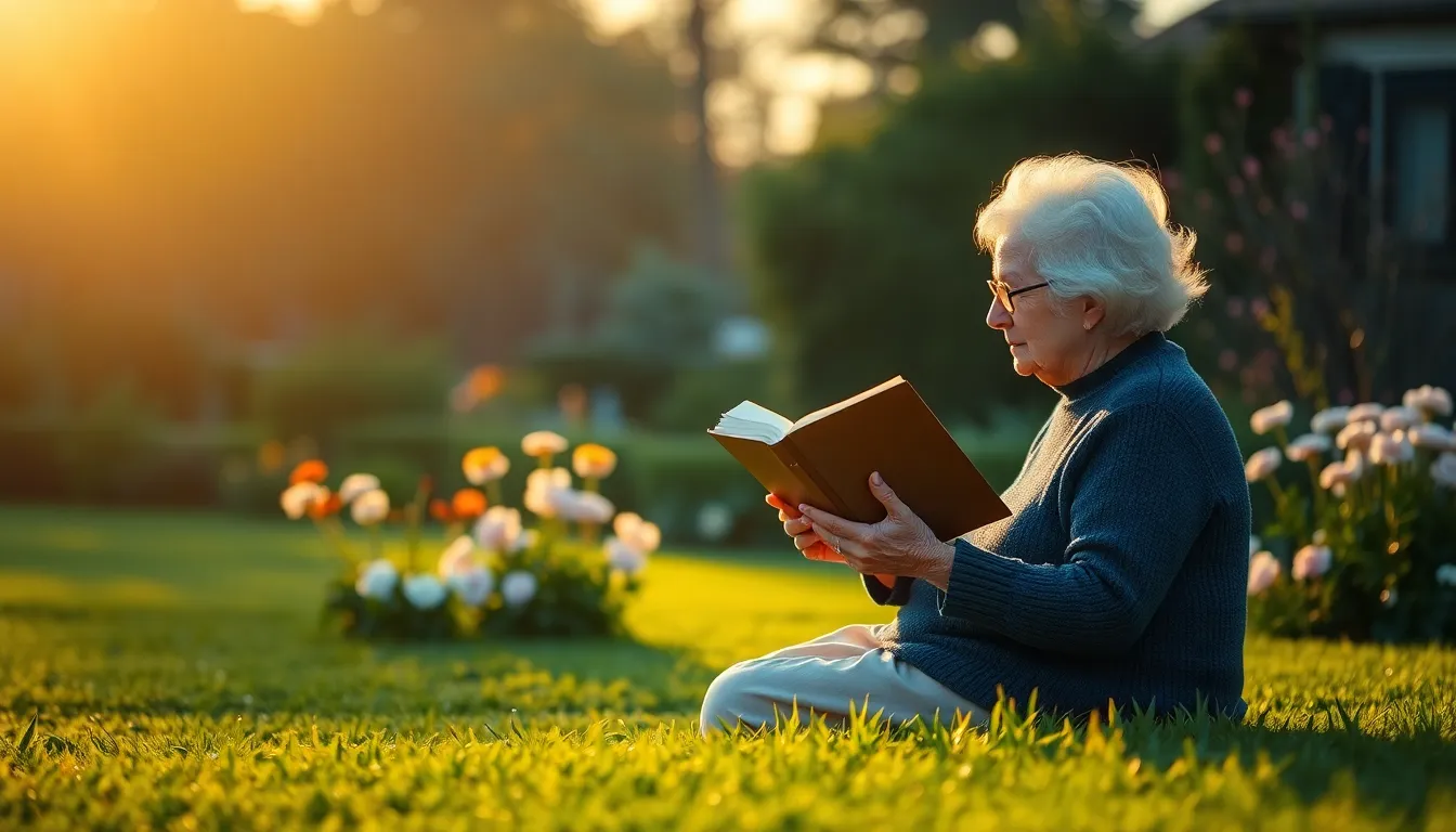 An elderly woman is peacefully reading a book in a vibrant garden during golden hour. The soft, warm light highlights her joyful expression and the blooming flowers around her. With the lush greenery as a backdrop, the scene captures a serene and tranquil moment, evoking a sense of calm and contentment. The depth of field beautifully blurs the background, ensuring the focus remains on the subject's engaging presence.