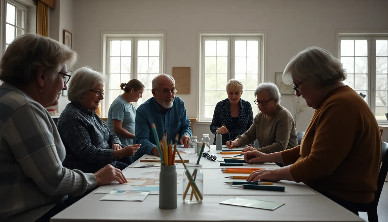 Elderly Group Participating in Art Class This engaging scene showcases a group of elderly individuals happily participating in an art class, illuminated by soft, diffused daylight. The natural colors and inviting composition reflect a supportive environment for creativity and social interaction. The setting is bright and airy, with floor-to-ceiling windows enhancing the sense of openness. This image captures the joy of connection and learning, making it ideal for themes centered around elderly care and community.