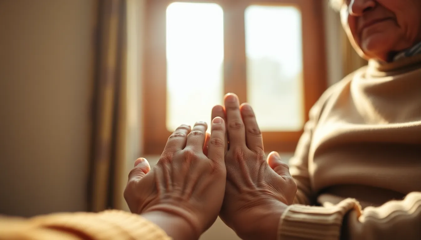 A heartwarming scene of an elderly couple holding hands as soft morning light filters through a nearby window. The warm ambiance enhances their gentle expressions, revealing the love and connection they share. The focus on their hands, showcasing the texture and depth of age, draws attention to the passage of time, surrounded by a soft, muted background. This image emphasizes the warmth and intimacy of companionship in later years.