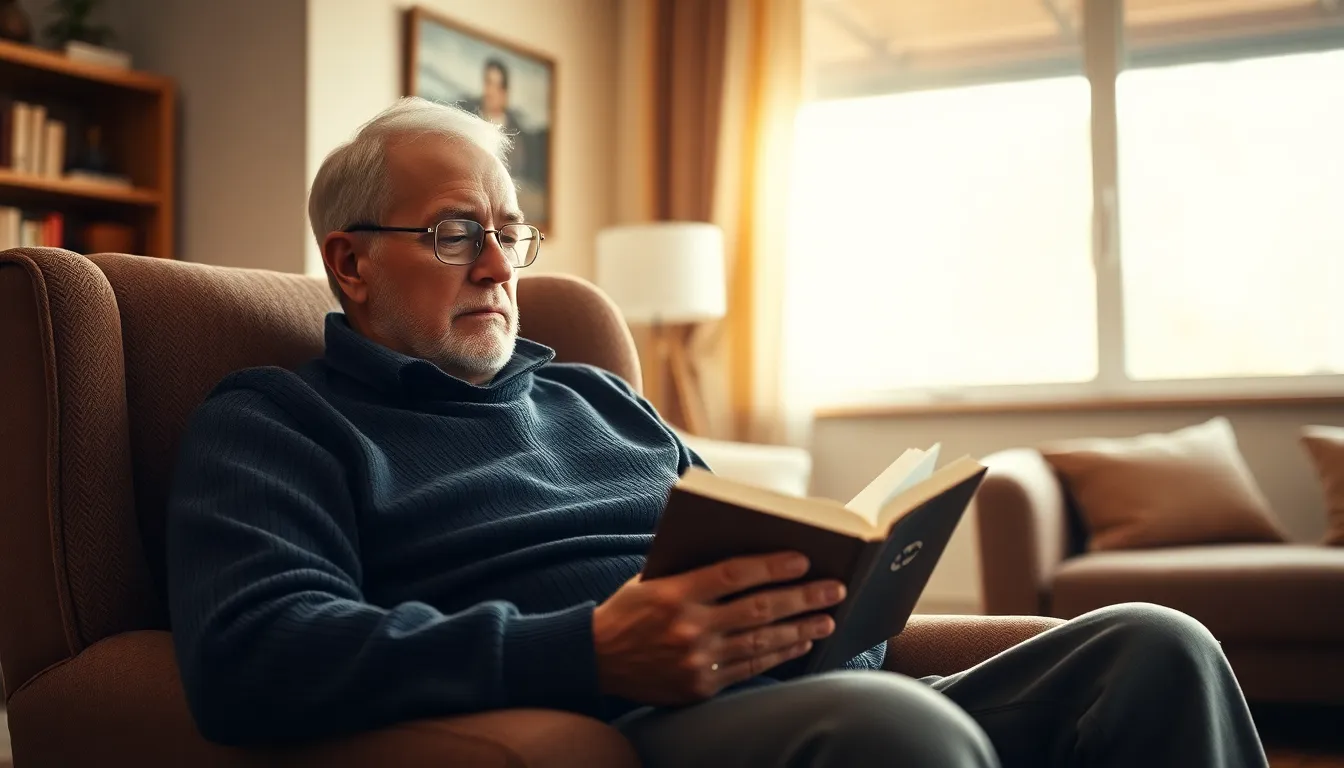 This serene image captures an elderly man deeply engaged in reading a book, basking in the warm light that filters through a large window. Surrounded by a cozy living room filled with soft textures, the scene evokes a sense of tranquility and comfort. The earth-tone color palette enhances the warm and inviting ambiance, creating a heartfelt connection to the subject's reflective moment.