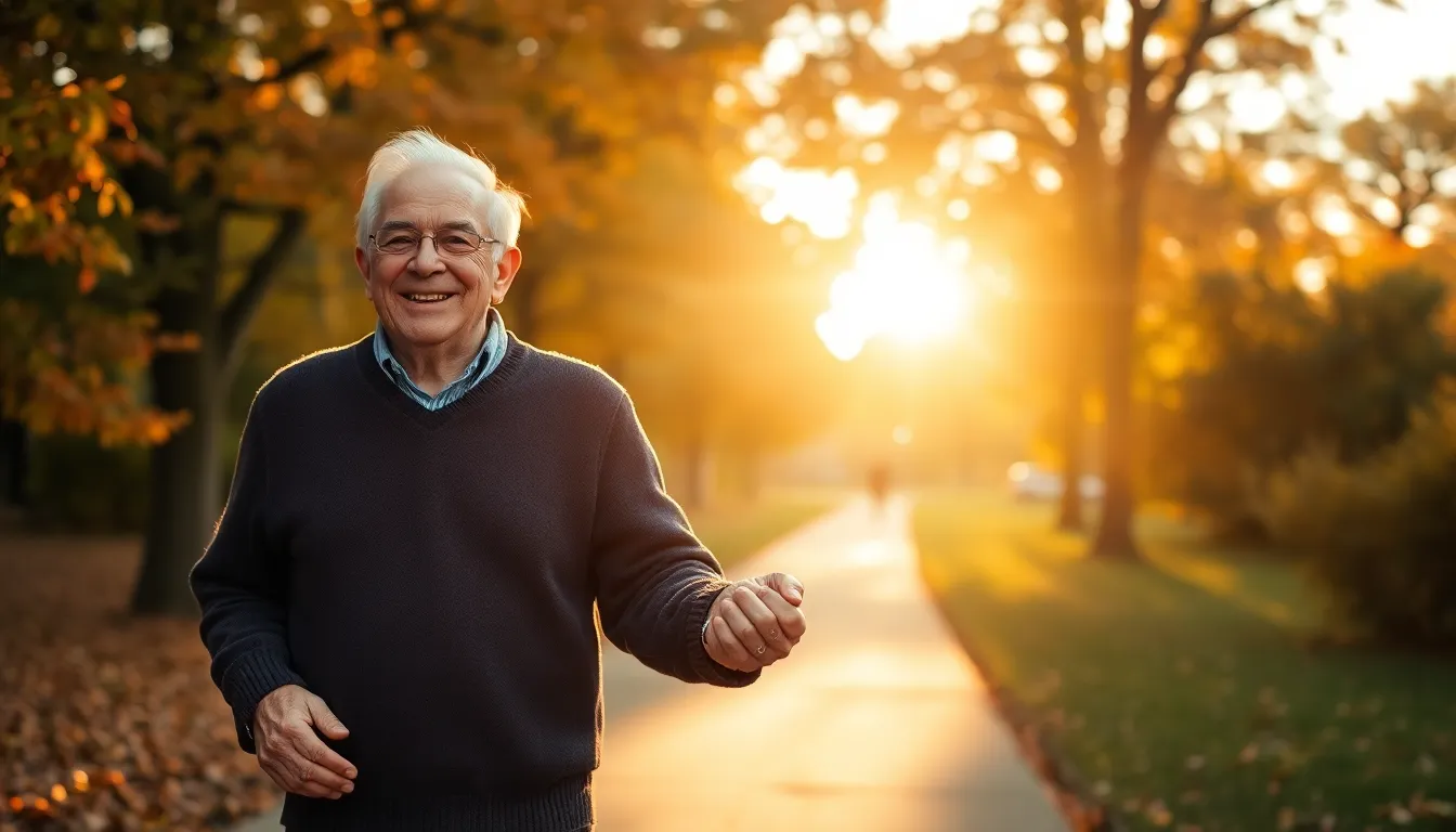 This inspiring photograph captures an elderly couple sharing a joyful stroll through a picturesque park filled with autumn leaves. The warm glow of the golden hour backlighting enhances their natural skin texture, illuminating their happy expressions as they hold hands. The shallow depth of field creates a beautiful contrast between the couple and the soft, colorful bokeh of the surrounding foliage, allowing the viewer to feel the warmth of their bond.