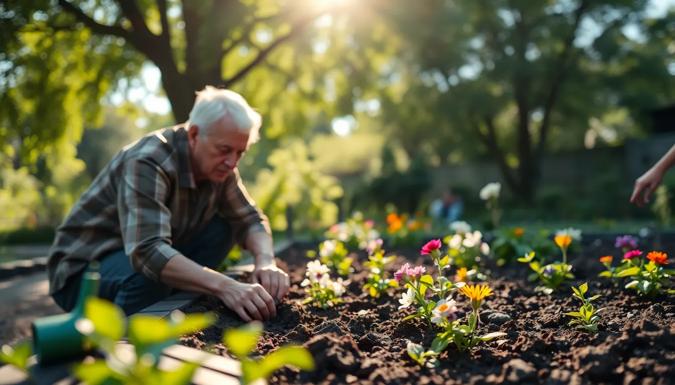 In this serene scene, an elderly man tends to his garden, surrounded by lush greenery and vibrant flowers. The dappled sunlight filtering through the tree canopy creates a beautiful play of light and shadow, enhancing the natural beauty of the moment. The composition follows the rule of thirds, allowing for a dynamic portrayal of his connection to nature as he plants flowers. The visible textures of the soil and plant colors create a rich visual tapestry of peace and fulfillment.