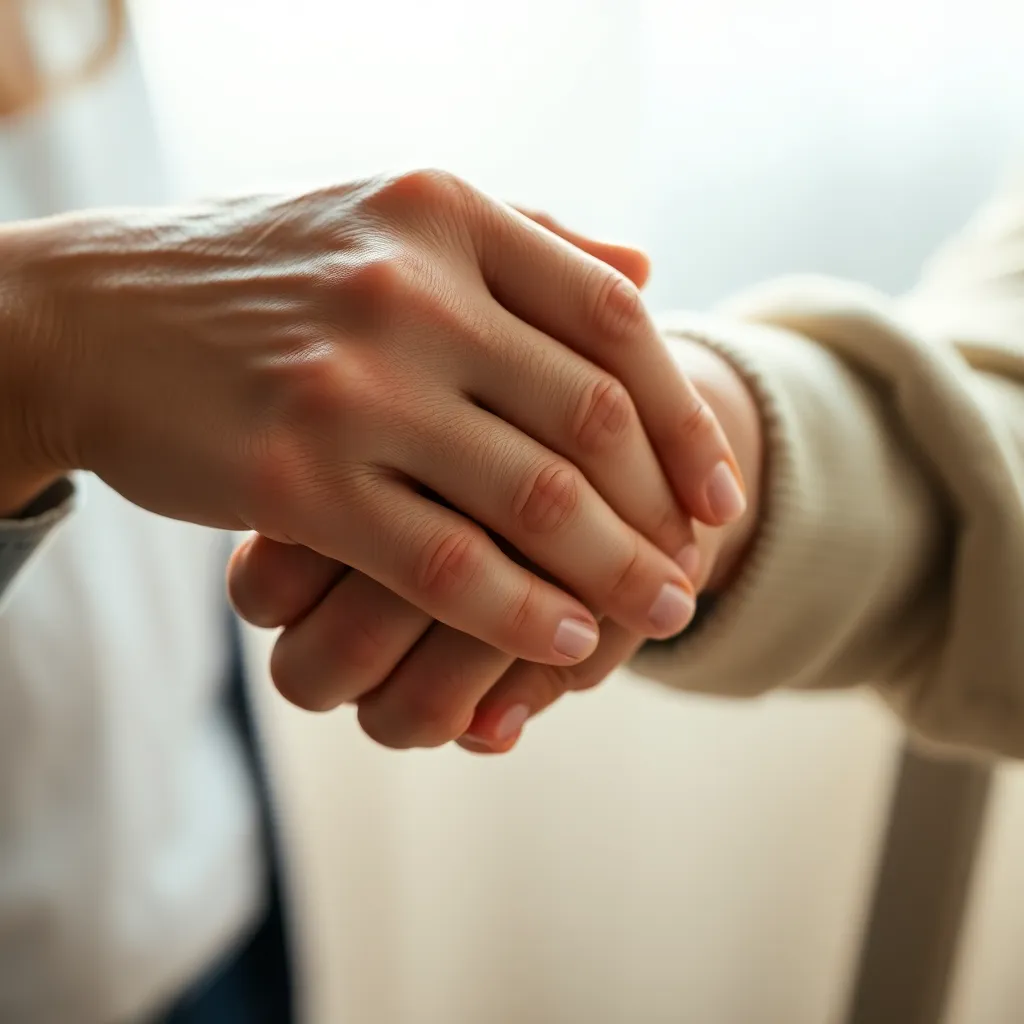 Caregiver Holding Elderly Person's Hand This touching image illustrates the bond between a caregiver and an elderly individual, focusing on their hands clasped together. The soft lighting and creamy highlights exemplify warmth and compassion. The intimate composition, combined with selective focus, invites viewers to reflect on the human connection. This photograph is perfect for conveying empathy and care in the context of elderly support and companionship.