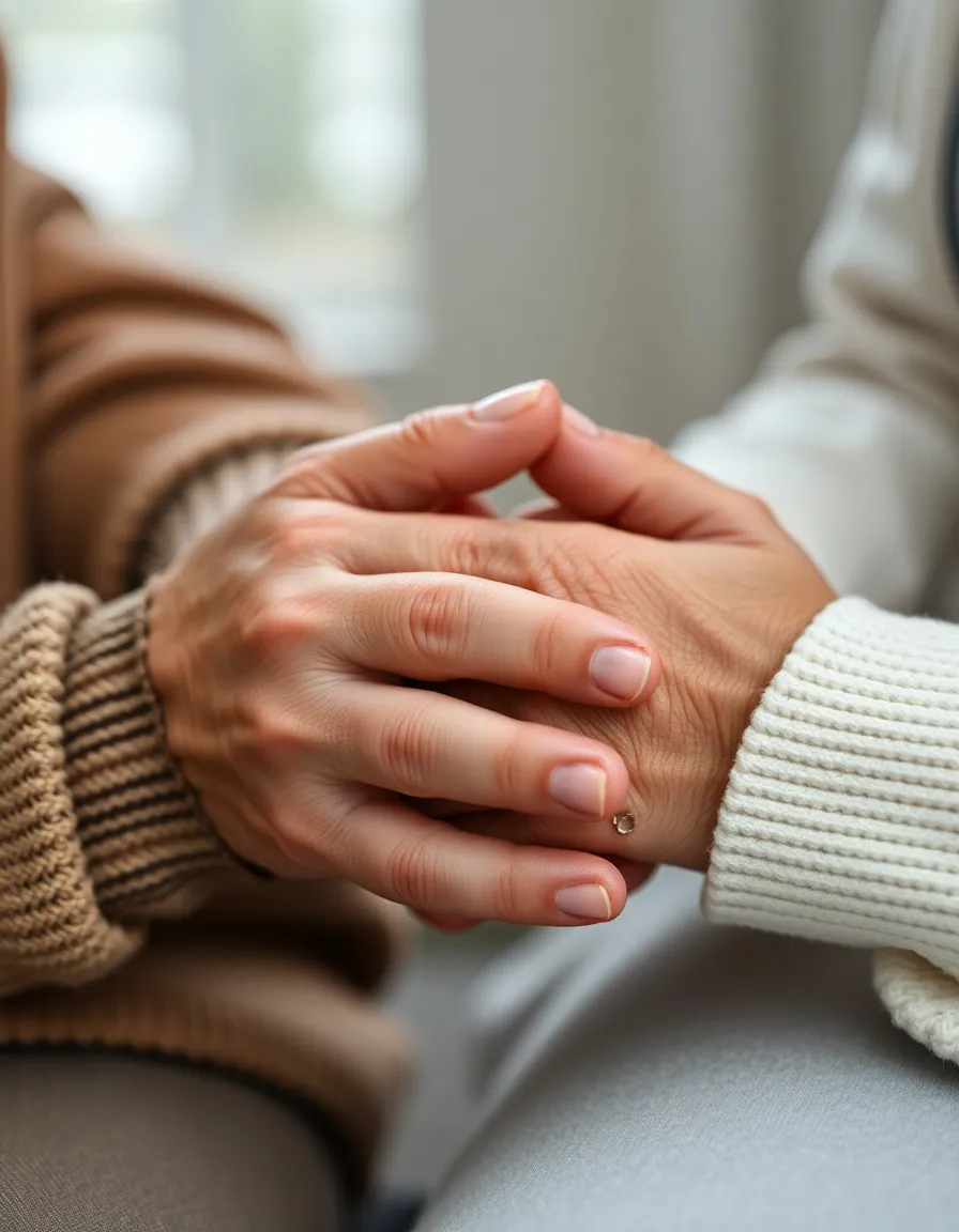 In this heartwarming scene, a caregiver gently holds an elderly patient's hands, showcasing a profound connection. The soft overcast daylight creates an even lighting environment, enhancing the warmth of their hands and the delicate textures of their skin. Using a macro lens, every detail of this tender gesture shines through, inviting viewers to appreciate the beauty of care in elderly support. The composition emphasizes the emotional bond between caregiver and patient.