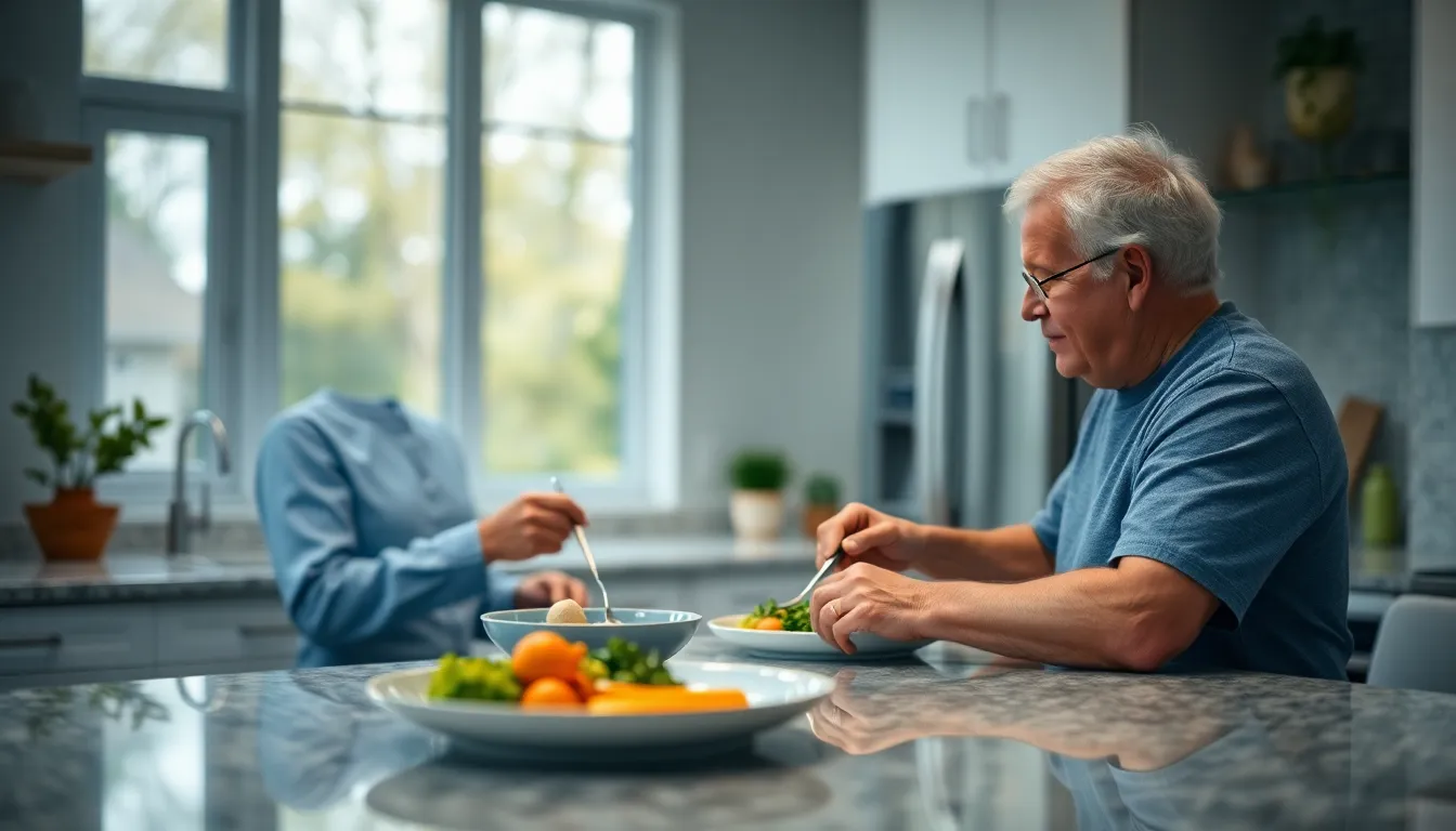 Nurturing Through Culinary Care In a modern kitchen bathed in soft, diffused daylight, a caregiver prepares a delicious meal for an elderly man seated nearby. The vibrant colors of fresh ingredients pop against the polished granite countertop, creating an inviting atmosphere. The shallow depth of field draws focus to the chef’s careful hands as they chop vegetables, while rich greens and deep blues add vibrancy to the scene. The composition, enhanced by the rule of thirds, captures the essence of nurturing through culinary art.