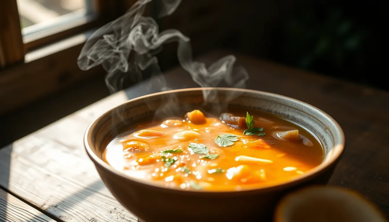 This inviting image showcases a bowl of nutritious soup, emphasizing the importance of healthy meals in elderly care. Soft diffused daylight illuminates the rustic textures of the wooden table while highlighting vibrant herbs and wholesome ingredients. The shallow depth of field draws attention to the details of the soup, with delicate steam rising to enhance the cozy atmosphere. This image represents nourishment and comfort for the elderly.