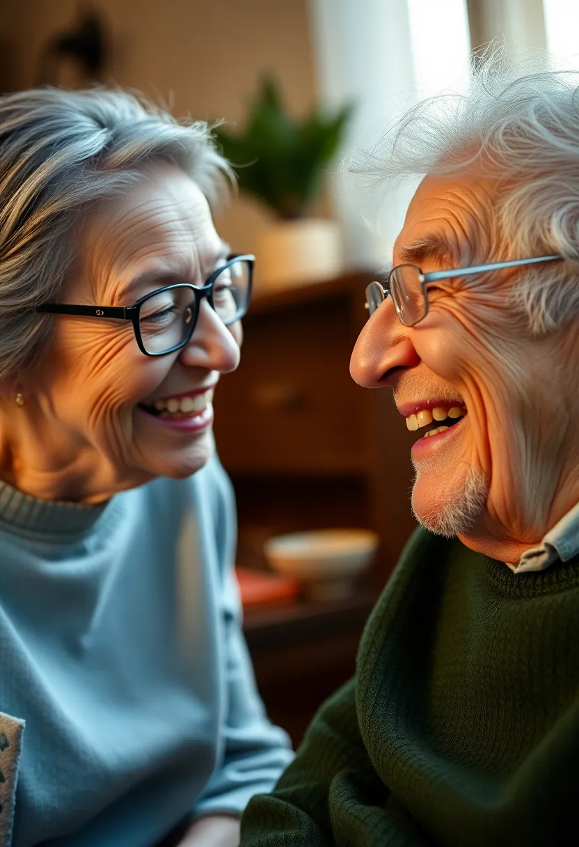 A joyful moment between an elderly caregiver and a senior unfolds, captured at a slight Dutch angle for a dynamic feel. Warm tungsten lighting accentuates their expressive faces, highlighting the textures of skin and fabric. The rich colors of the environment create an inviting atmosphere. Laughter fills the air, showcasing the emotional bond that embodies compassionate care and friendship.