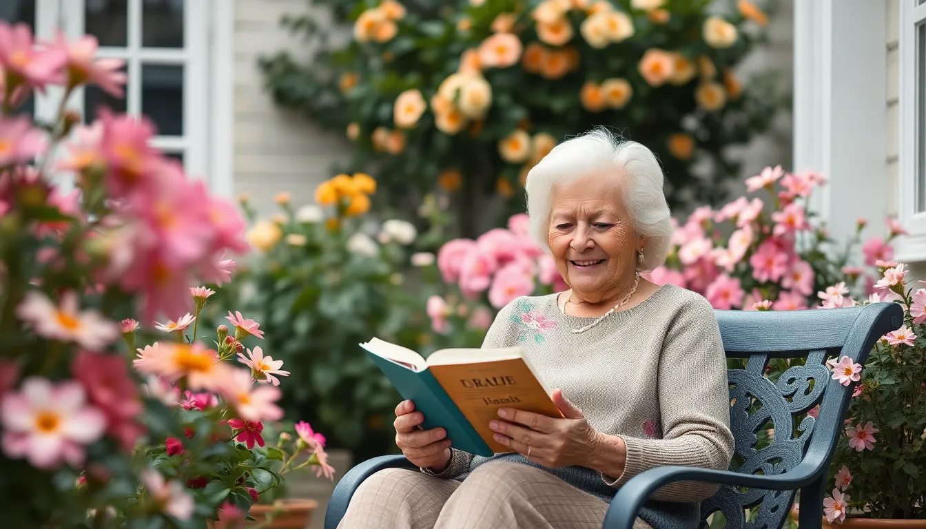 An elderly woman enjoys reading a book on her sunny patio, enveloped by a riot of blooming flowers. The soft, diffused light adds a gentle glow to the scene, illuminating her peaceful expression. This image encapsulates a quiet moment of joy and tranquility, enveloped in nature's beauty.