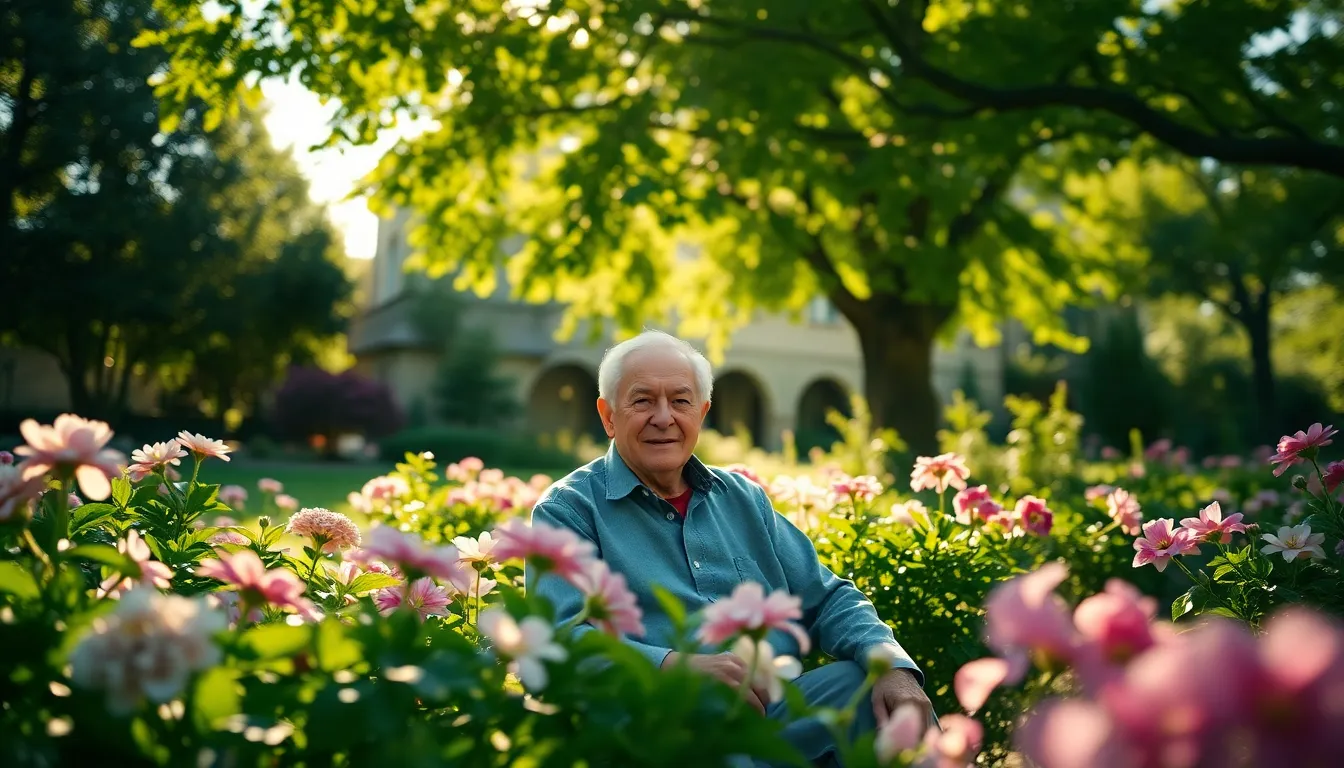 Elderly Man Enjoying a Garden This serene image portrays an elderly man enjoying the tranquility of a sunlit garden, surrounded by vibrant blooming flowers. The dappled sunlight casts a soft glow, enhancing the beauty of the natural surroundings. With shallow depth of field, the subject stands out against a rich tapestry of greens and pastels, creating a peaceful ambiance. Ideal for representing themes of relaxation and appreciation of nature in elderly care.