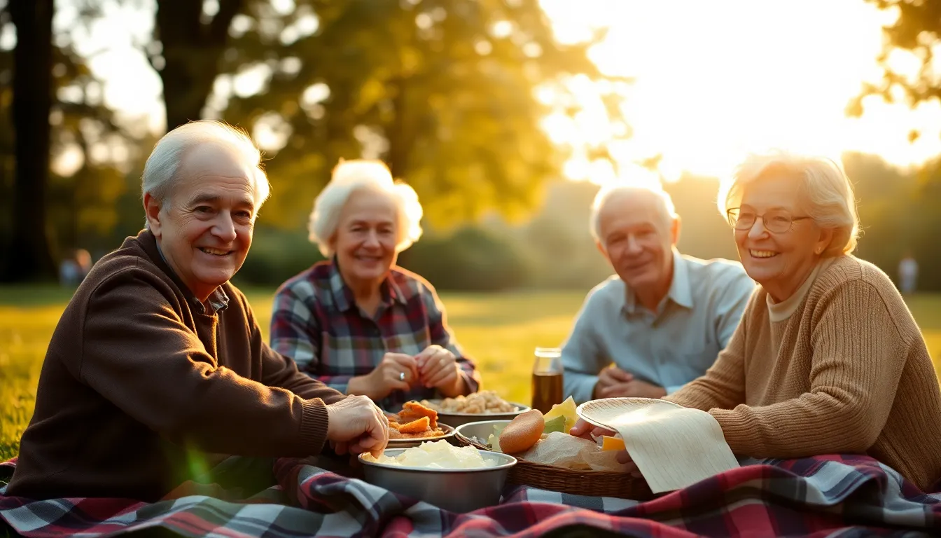 This joyful image captures a group of elderly friends enjoying a picnic in the golden hour light of a park. Backlighting creates a beautiful glow around them, highlighting their happy faces and the warmth of their friendship. The rich color palette enhances the serene atmosphere, while the textures of the picnic spread invite the viewer into the scene. The centered composition emphasizes the sense of community and shared happiness, making it a heartwarming depiction of elderly care and connection.