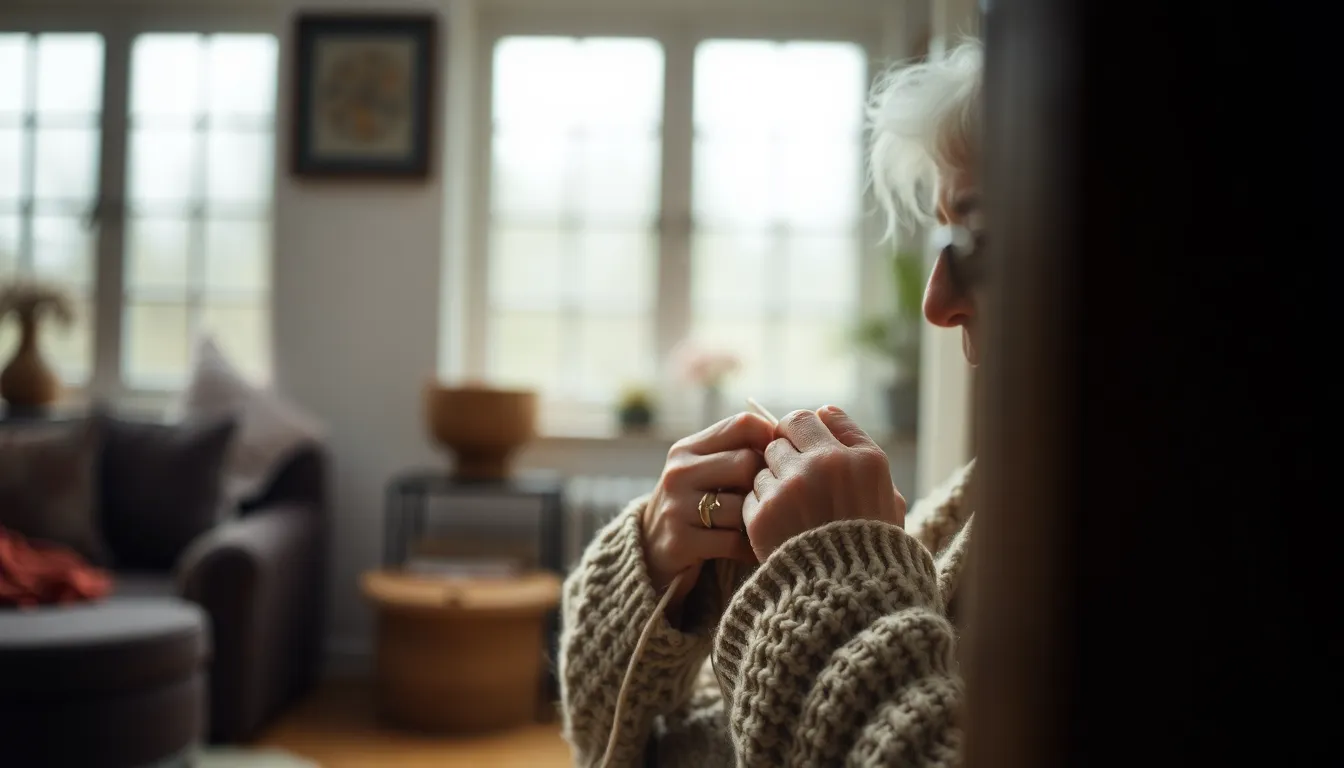 This intimate photograph captures an elderly woman focused on knitting by a large window, bathed in soft, diffused light. The overcast lighting sets a tranquil mood, while the selective focus beautifully highlights her hands and the vibrant yarn, creating a serene atmosphere. The composition uses foreground framing to draw attention to the homey feel of the space, enhancing the textures of her cozy cardigan. The muted colors evoke warmth and comfort, making it a poignant representation of quiet moments.