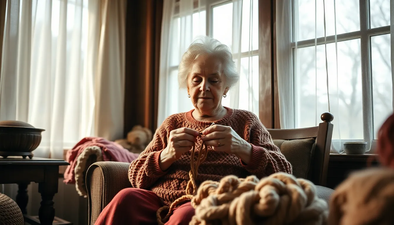 In this peaceful scene, an elderly woman elegantly knits by a large window, bathed in soft, natural light. The detailed textures of the yarn and the warm, inviting atmosphere evoke nostalgia and comfort. This image captures the essence of elderly care through the lens of creativity and craft, highlighting the beautiful simplicity of daily life.