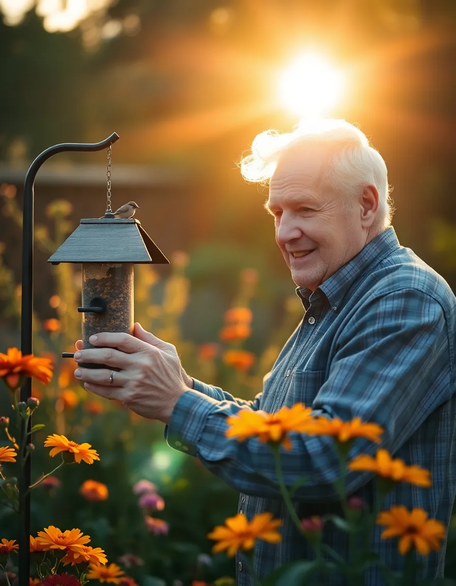 Elderly Man Feeding Birds in a Sunlit Garden