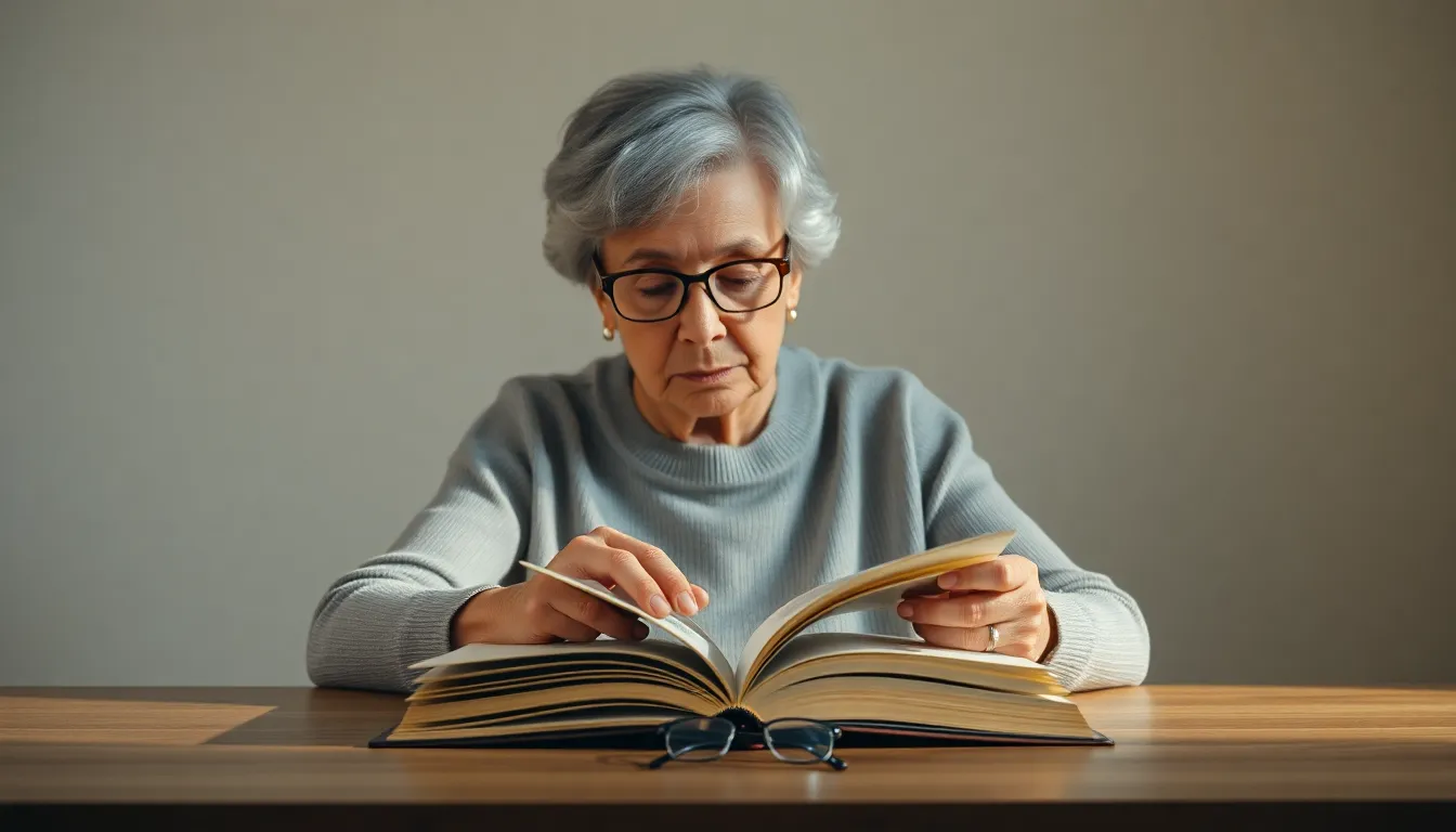 An elderly woman is seen peacefully reading a book in her cozy study, illuminated by soft studio lighting. The image captures the warmth of her surroundings, with attention to details like the texture of the book pages and her reading glasses resting nearby. The soft lighting and intimate composition invite viewers into her world, showcasing the joy and tranquility that reading brings. This scene is a tender reminder of the beauty of quiet moments.