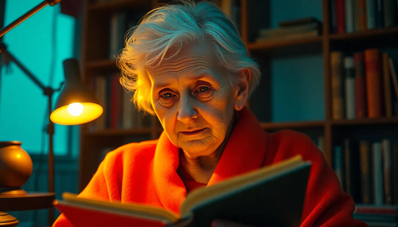 Quiet Moments of Reflection An elderly woman sits comfortably in her favorite reading nook, illuminated by the warm glow of a tungsten lamp. Her serene expression captures a moment of reflection as she enjoys her book, with selective focus highlighting her gentle features against a softly blurred background. The cinematic teal and orange color grading adds warmth and depth, while the richly textured shawl she wears enhances the comforting atmosphere. The scene is framed with a centered composition, inviting viewers into her tranquil world.