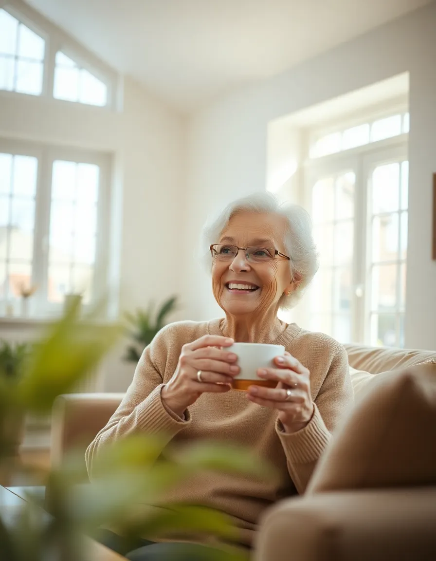 Elderly Woman Enjoying Tea in Living Room This delightful image captures an elderly woman smiling warmly as she enjoys a cup of tea in her bright living room. The natural light creates an inviting and cozy atmosphere, reflecting the comfort of home. With a shallow depth of field, the focus on her joyful expression draws viewers in, while soft bokeh gently blurs the surroundings. Ideal for themes of warmth and the joys of elderly life.