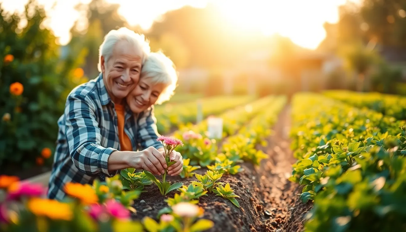 An elderly couple shares a tender moment during a picnic in a sunlit park. The golden hour light enhances their affection, capturing the warmth of their relationship. With delicious food in the background and the soft grass underfoot, the scene radiates love and companionship in nature's embrace.