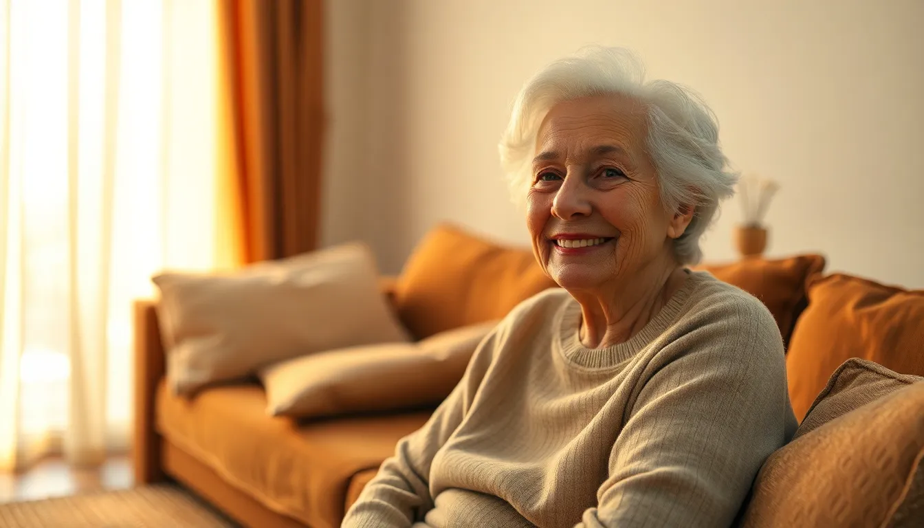 This heartwarming image portrays an elderly woman sitting comfortably in a cozy living room. The soft afternoon light filters through sheer curtains, casting gentle shadows as she smiles softly. The warm, muted earth tones evoke feelings of comfort and tranquility. The depth of field draws focus to her expressive face, while the textured woven rug and soft cushions add a layer of warmth to the scene.