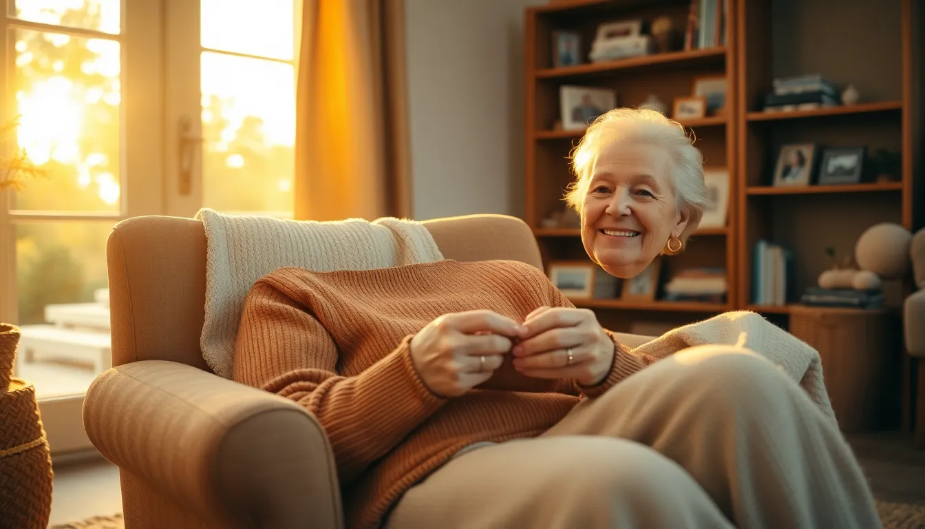 This heartwarming image features an elderly woman gently knitting in a cozy living room during golden hour. The warm light highlights her natural skin texture and the soft fabric of her sweater, enhancing the inviting atmosphere. The softly blurred background showcases a bookshelf adorned with family photographs, adding a sense of nostalgia. The warm color palette and thoughtful composition evoke feelings of comfort and home.