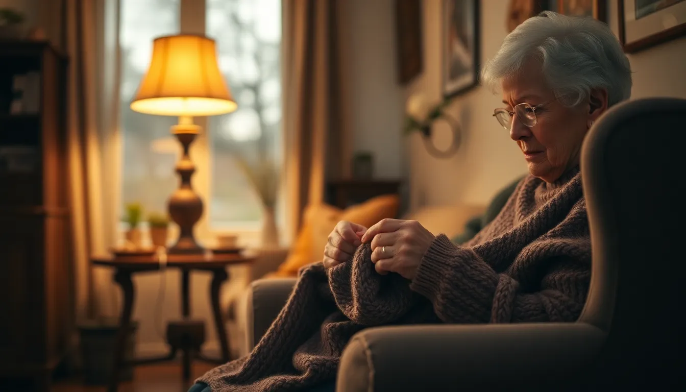 This heartwarming image shows an elderly woman engrossed in knitting, seated comfortably in a cozy living room. The warm glow from a tungsten lamp bathes the scene, creating intimate shadows and highlights. Soft, muted colors enhance the tranquil mood, while the texture of the wool and fabric add depth to the composition. The shallow focus draws attention to her joy and craftsmanship, evoking feelings of comfort and nostalgia.