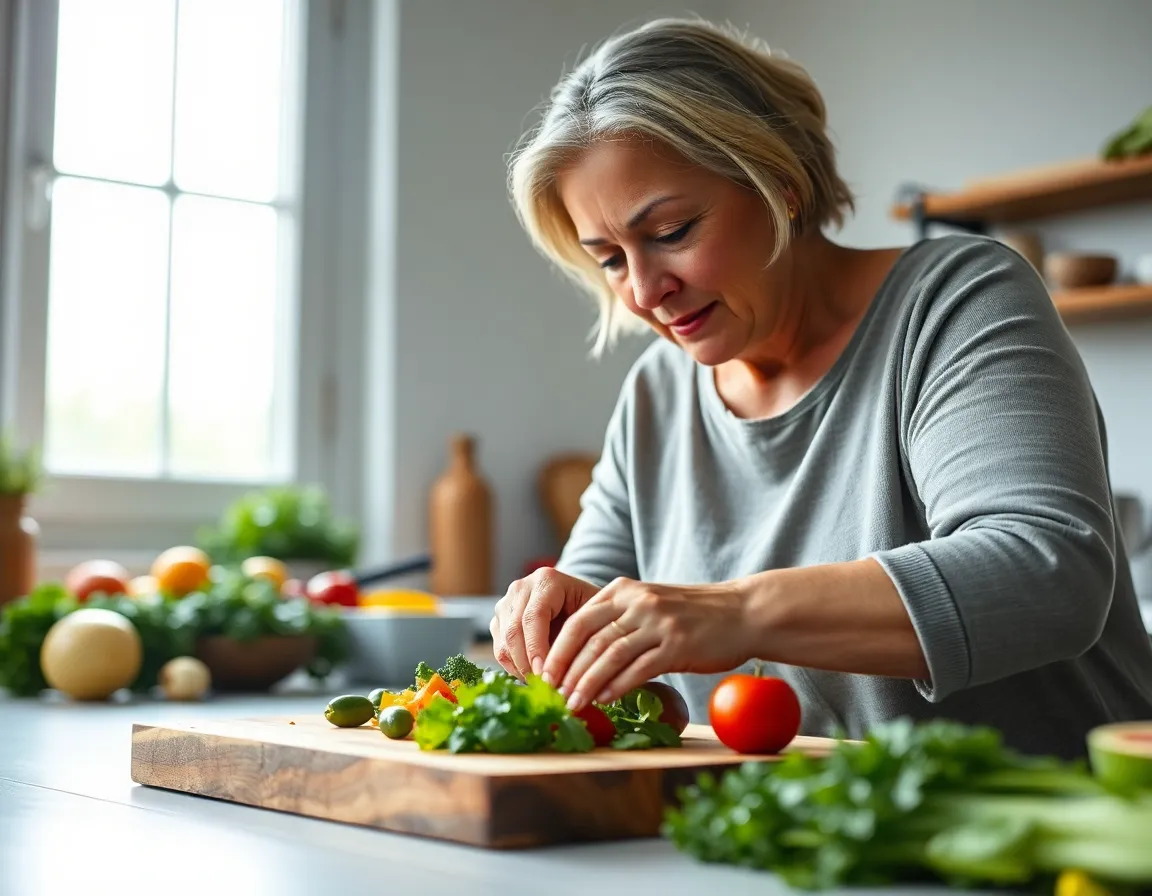 This vibrant image depicts a caregiver preparing a healthy meal in a sunlit kitchen, radiating warmth and care. The focus is on the fresh vegetables on a rustic wooden cutting board, with the caregiver deeply engaged in her task. Overcast lighting creates a soft and inviting atmosphere, enhancing the natural texture of her skin. The earthy colors of the ingredients and muted tones combine to present a wholesome culinary scene, ideal for showcasing elderly nutrition.