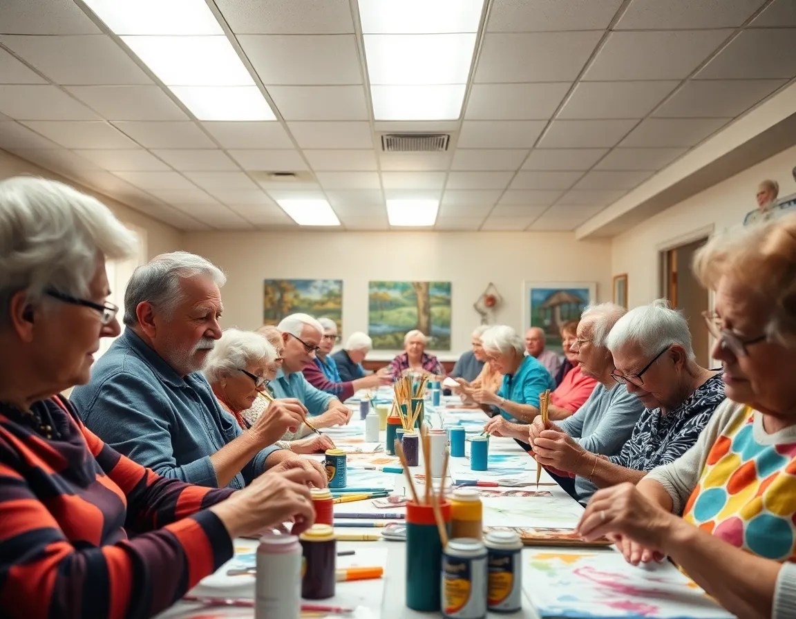 This lively image showcases a community center filled with elderly individuals participating in an arts and crafts class. Bright overhead lighting illuminates the room, highlighting the vibrant colors of their projects and the natural textures of various materials. Each person's engaged expression reflects the joy of creativity in a community setting. The dynamic composition captures the energy of the scene, making it a perfect representation of active elderly care.