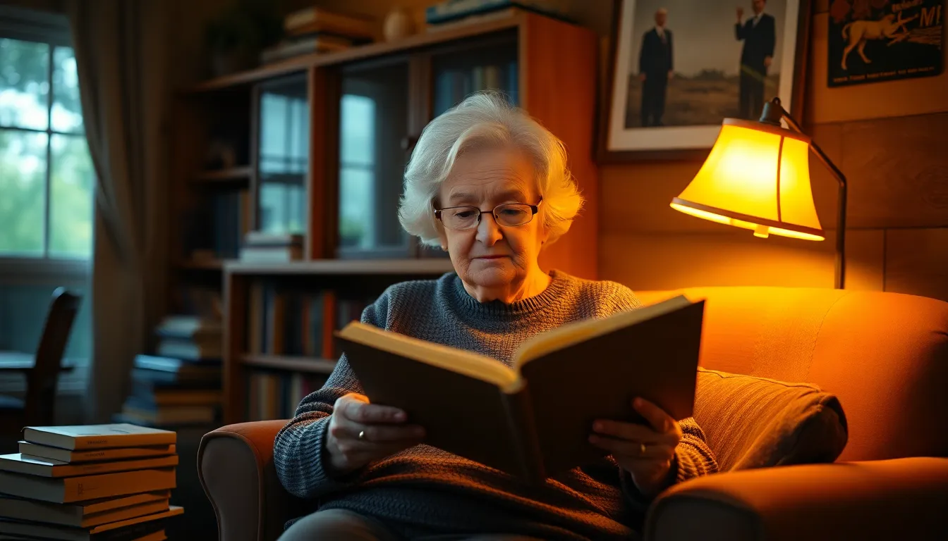 Elderly Woman Reading in Cozy Room This image captures an elderly woman deeply engrossed in a book, illuminated by a warm tungsten desk lamp. The cozy setting, filled with books and soft textures, creates an intimate atmosphere. The warm tones and rich wood accents, combined with a shallow depth of field, draw the viewer's eye to her serene expression. This portrait exudes a sense of tranquility and wisdom, perfect for themes around elderly care and companionship.