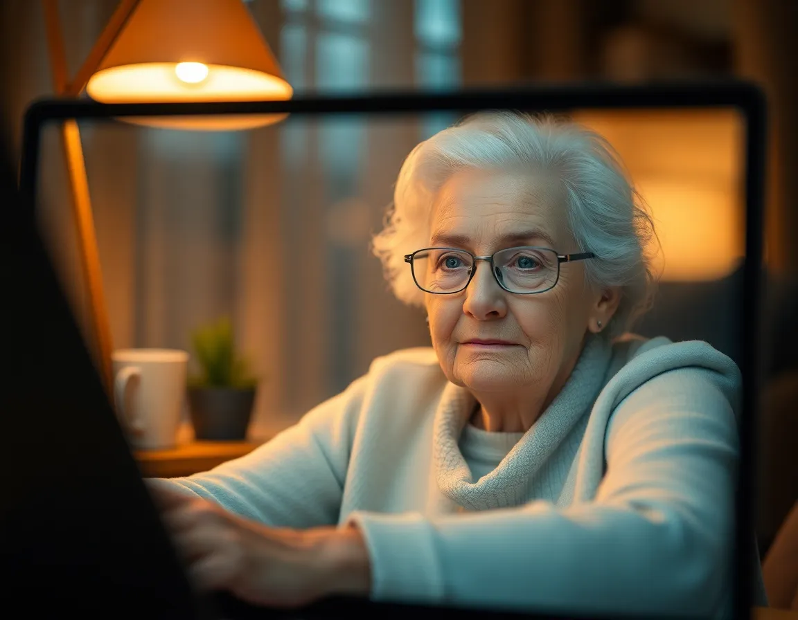 This candid image captures an elderly woman joyfully engaging in a video call with her family. The warm tungsten light creates a cozy ambiance, illuminating her face against the evening backdrop. The rich Kodak Portra 400 color palette beautifully enhances her skin tones. The shallow depth of field and framed composition through the laptop screen evoke a sense of intimacy and connection in this moment.