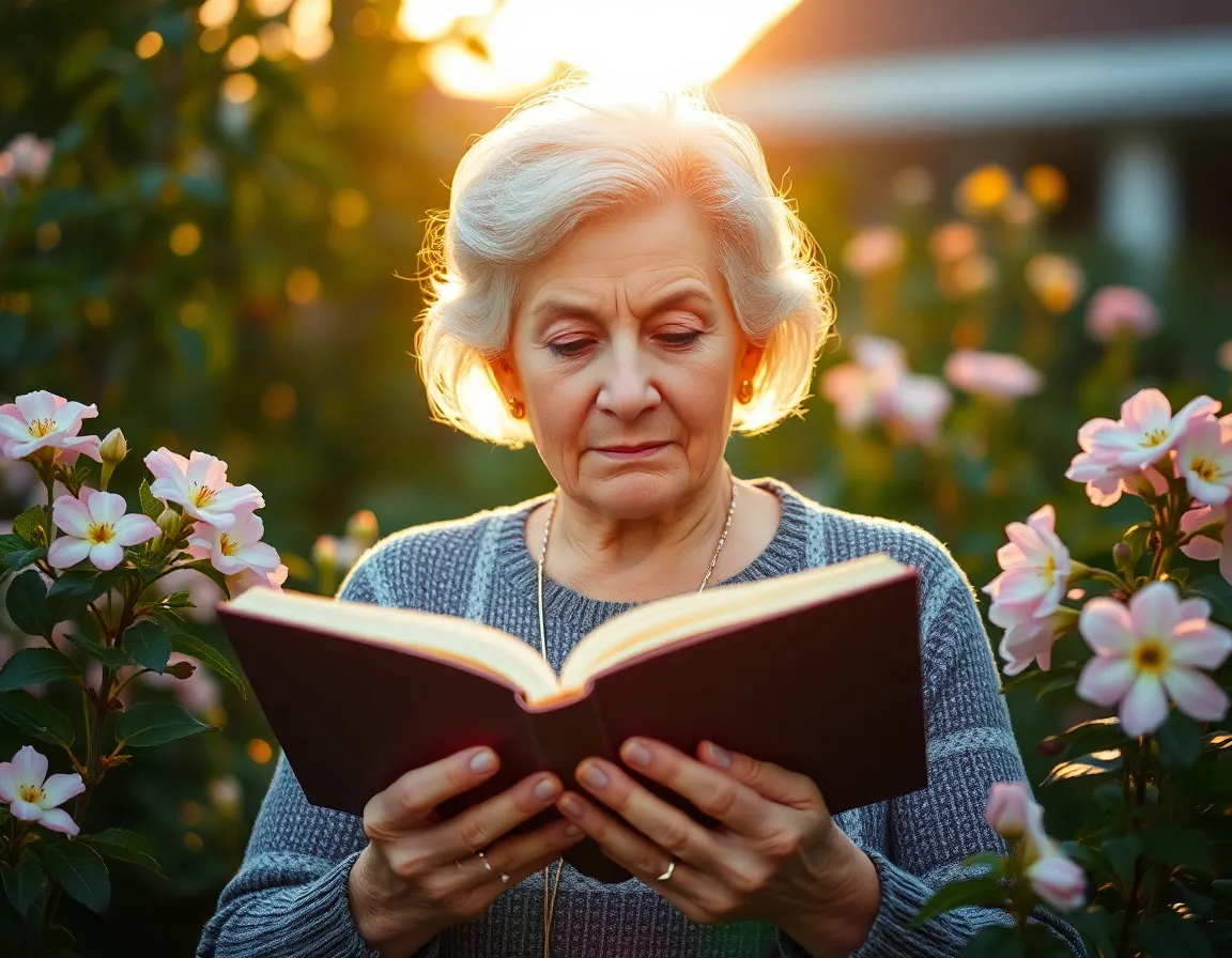 An elderly woman sits serenely in her garden during the golden hour, completely absorbed in a book. The warm glow of the evening light highlights her features and the vibrant blooms surrounding her, fostering a tranquil and nostalgic atmosphere. The composition centers around her, creating a peaceful focal point amidst the lush greenery. This image reflects the beauty of enjoying quiet moments and the joy of reading in nature.