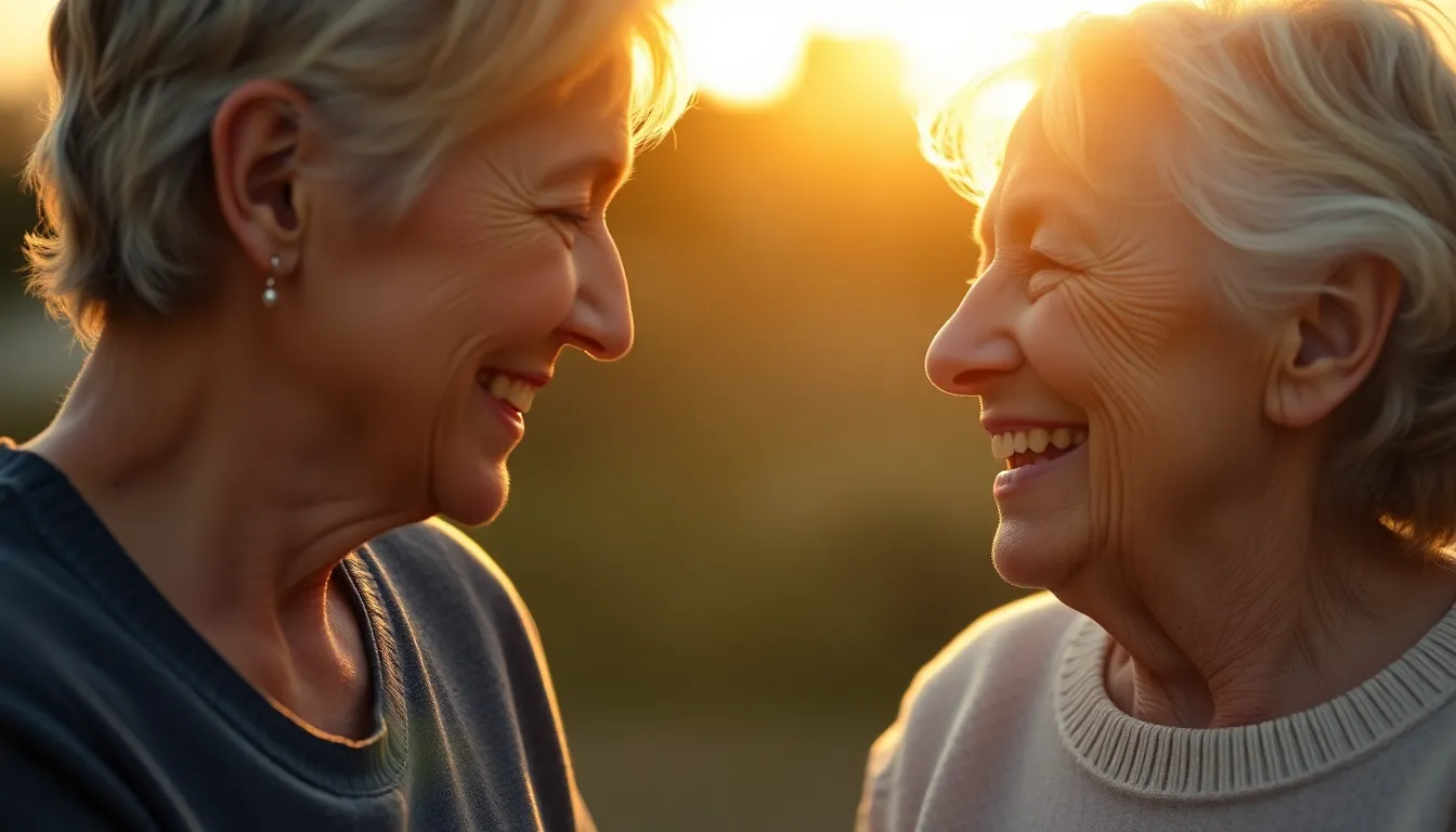 Laughter in the Golden Hour A caregiver and an elderly man share a joyful moment during golden hour, their silhouettes beautifully illuminated by warm backlighting. The focus on the man's expressive eyes reveals warmth and life, while soft skin textures contrast with the vibrant golden hues surrounding them. The centered composition enhances their connection, evoking feelings of companionship and joy during this serene moment. The scene is enriched with the warmth of the sunset light and the subtle details of their relaxed expressions.