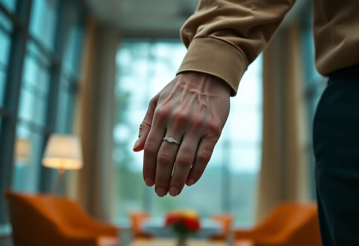 An elderly couple sit together on a couch, their hands intertwined in a beautiful display of affection. Soft daylight filters through large windows, casting a gentle glow over their intertwined fingers. The thoughtful expression on their faces reflects a lifetime of love and companionship. The rich color grading adds warmth to the scene, emphasizing the textures of their skin and the glint of their wedding bands.