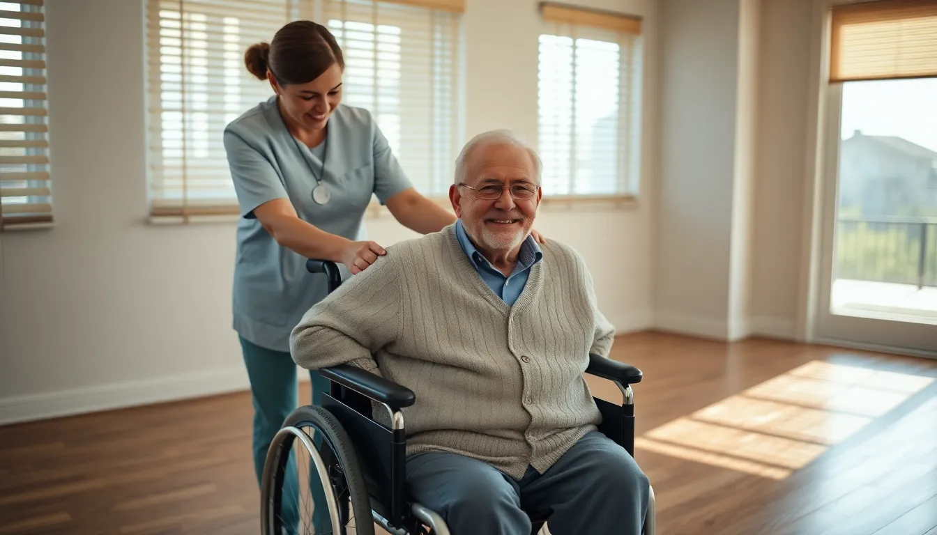 In this poignant moment, a caregiver assists an elderly man in a wheelchair, the scene bathed in soft afternoon sunlight filtering through window blinds. The use of natural muted tones complements the serene environment, while the centered composition emphasizes the connection between them. The caregiver's warm smile and the gentleman's relaxed demeanor enrich the narrative of care. The visible textures of their clothing and the wooden floor add depth to this touching visual.