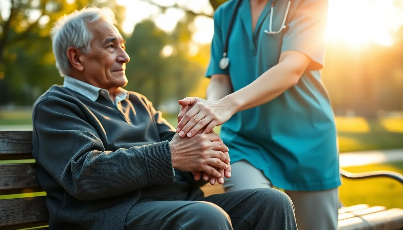 Caregiver Supporting Elderly Man in Park