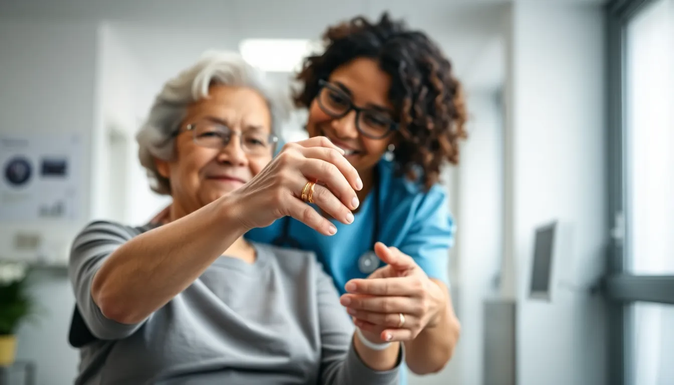 In this touching image, a caregiver gently assists an elderly woman in a bright hospital room, showcasing a moment of compassion and connection. The soft, diffused daylight accentuates the warm expressions of both individuals, creating a calming ambiance. This photograph captures the essence of elderly care, highlighting the trust and support within this essential relationship.