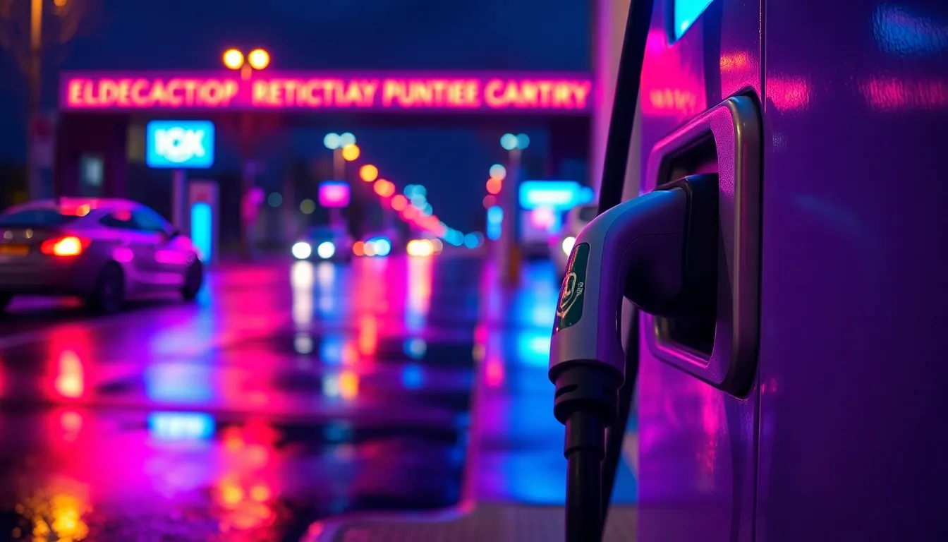 In a vibrant urban landscape, a close-up of an electric vehicle charging station glows with neon blue and magenta lights, reflecting beautifully on the wet pavement. The intricate details of the charging cable stand out sharply against a softly blurred background, showcasing the station's modern design. The saturated colors and dynamic lighting capture the essence of electric mobility in a bustling city at night, inviting exploration and innovation.