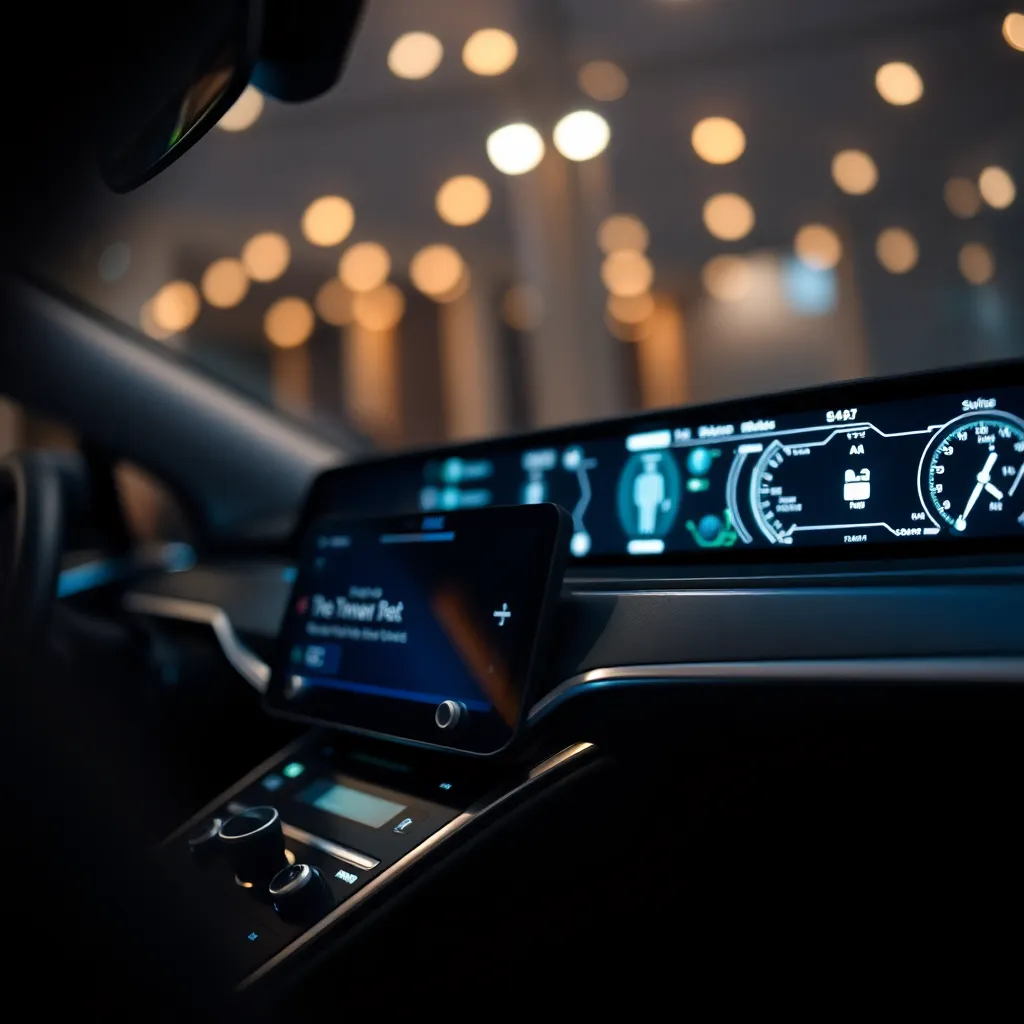 This image takes a detailed look at the dashboard of an electric vehicle, highlighting its high-tech features. Ambient cabin lighting creates a sophisticated environment, while the focus on the intricate controls emphasizes the vehicle's technological sophistication. The luxurious materials and modern design are captured beautifully in this intimate close-up.