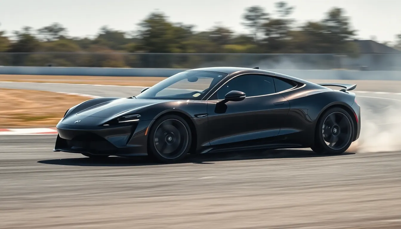An electric sports car showcases its power and agility as it drifts dramatically on a racetrack, leaving a plume of dust in its wake. Bright daylight accentuates the car's sleek design and vibrant paint, creating a thrilling visual spectacle. The shallow depth of field isolates the vehicle in motion, while the blurred backdrop enhances the sense of speed and excitement. This image captures the fusion of cutting-edge technology and adrenaline-fueled performance, appealing to automotive enthusiasts.