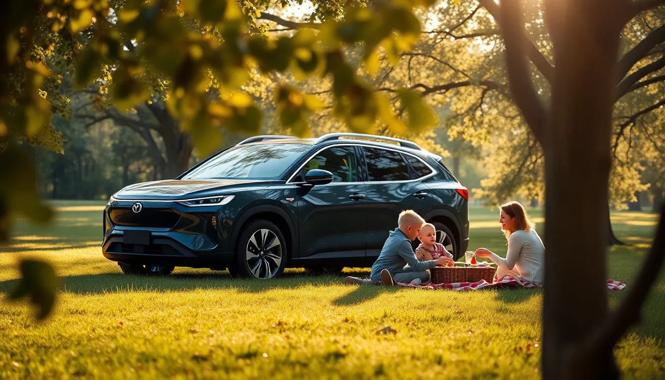 A joyful family gathers for a picnic beside their stylish electric SUV, set against a lush park backdrop. Dappled sunlight filters through the trees, creating a warm and inviting atmosphere. The vivid details of the SUV contrast beautifully with the muted greens and browns of nature, symbolizing harmony between technology and the environment. The scene captures a perfect moment of family bonding, reflecting a lifestyle that embraces sustainability and innovation.