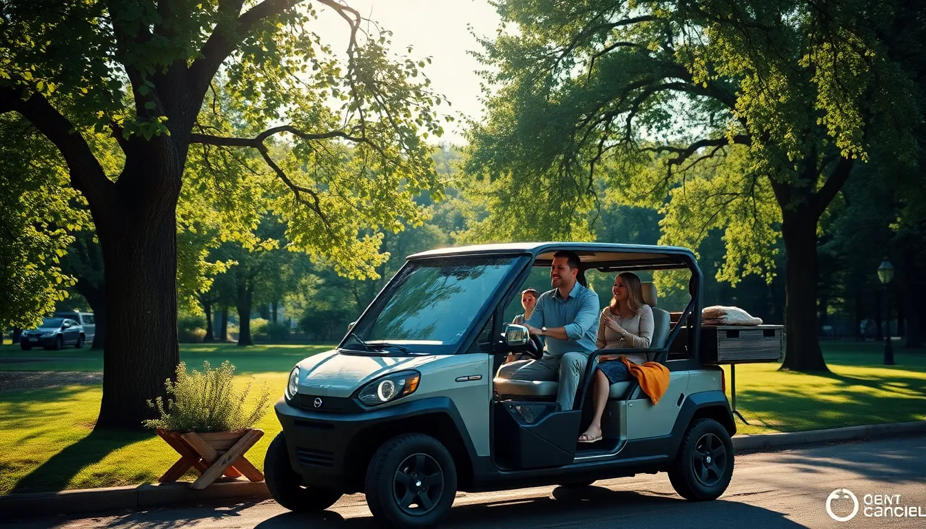This image captures a joyful family picnic beside their parked electric vehicle in a scenic park. Soft natural light filters through the trees, creating a warm and inviting atmosphere. The vibrant colors of the greenery and picnic setup bring life to the scene. The thoughtful composition highlights the family and the eco-friendly vehicle in a harmonious setting.