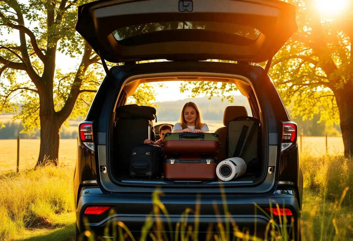 This heartwarming image depicts a family preparing for a countryside adventure, loading their luggage into a spacious electric SUV. The warm sunlight creates a magical atmosphere, highlighting the lush greenery around them. The sharp focus on the family and vehicle contrasts beautifully with the soft background, drawing attention to their joyful anticipation. This scene encapsulates the family-oriented, eco-friendly lifestyle that electric SUVs promote.