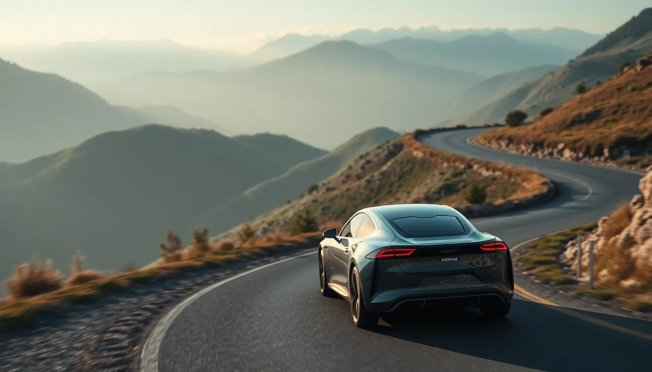 This breathtaking photograph captures a futuristic electric vehicle navigating a winding mountain road. Soft morning light and a light mist create a peaceful ambiance. The sharp focus on both the vehicle and the stunning natural landscape emphasizes the harmonious blend of technology and nature. The image's earthy color tones evoke a sense of tranquility.
